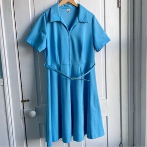 Vintage 70s Blue ILGWU Plus Size Dress with Matching Belt